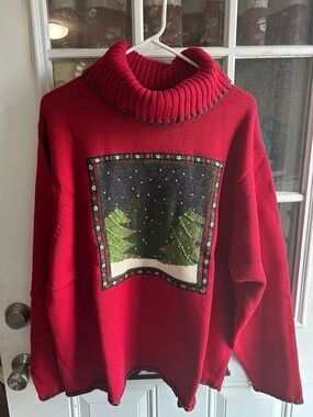 NWOT Coldwater Creek women’s 3X red turtleneck sweater fun holiday theme. 25” lg